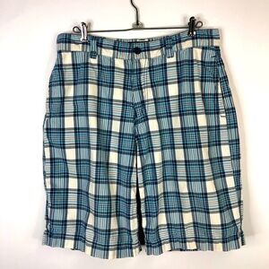 Old Navy Surplus Blue white black plaid long shorts size 32